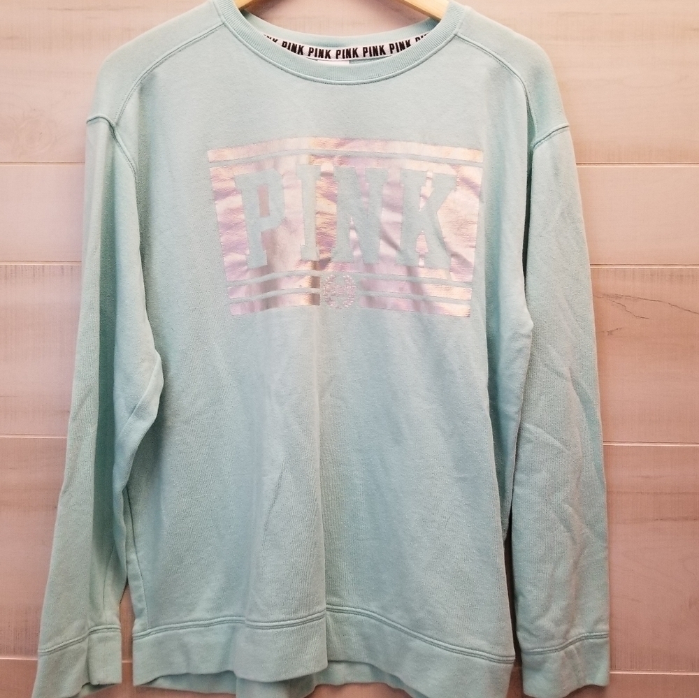 {S} PINK Victoria's Secret Irredescent Spellout Sweatshirt